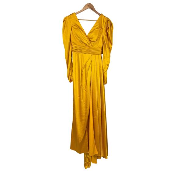 Mac Duggal NWT Yellow Faux Wrap Puff Shoulder Long Sleeve A-Line Gown Sz 4 *Flaw - Picture 3 of 12